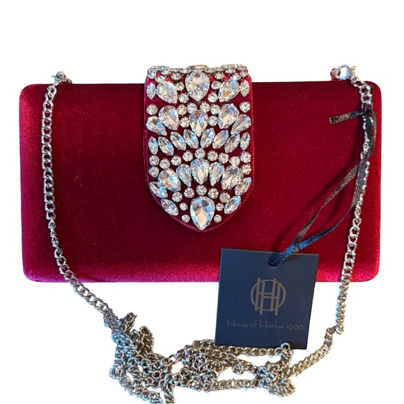 House of Harlow 1960 NWT Stunning Ruby Red Velvet Jeweled Crossbody Clutch (209) - Picture 3 of 10
